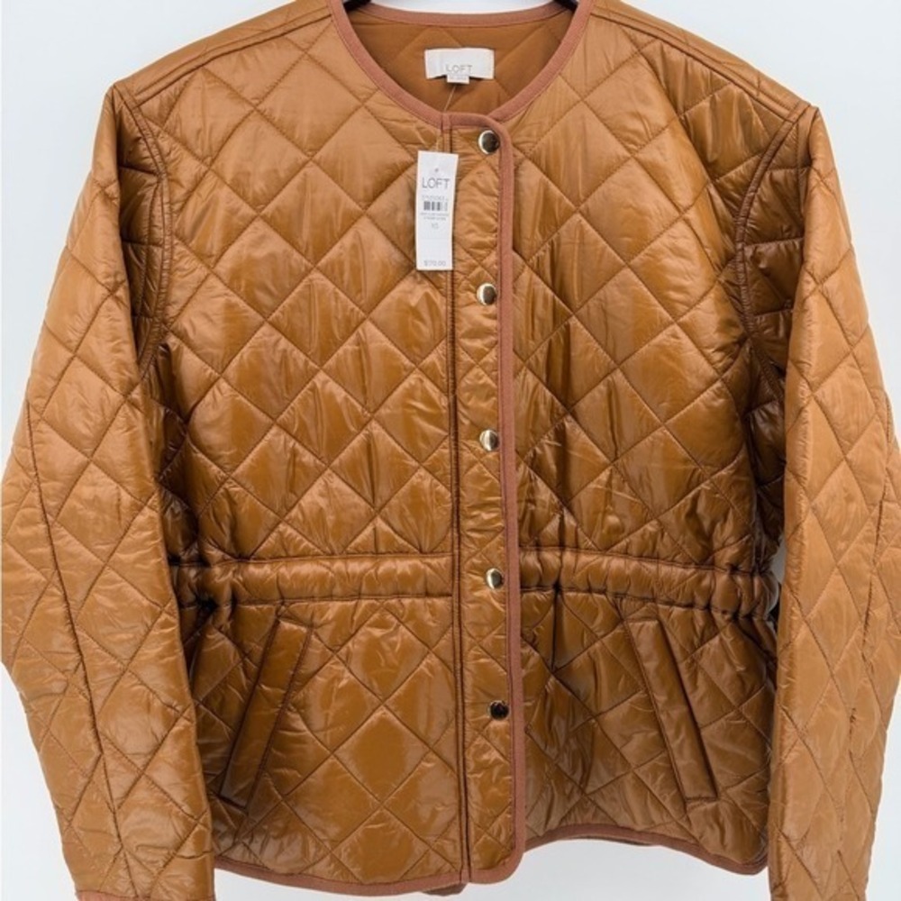NWT LOFT Quilted Snap Front Barn Jacket Tan Brown Drawstring Waist Womens XS